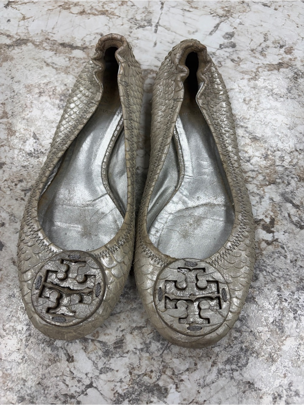 Tory Burch Metallic Silver Women's Ballet Flats with Embossed Logo